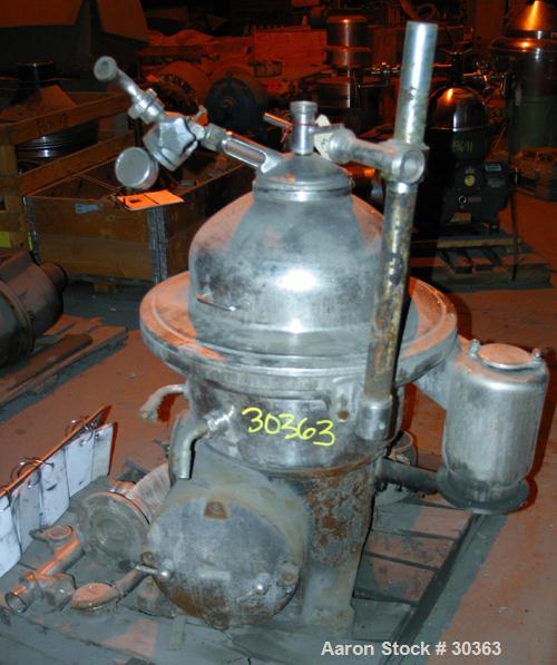Used Westfalia Disc Centrifuge, Model SAMN 5036, 434 Stainless Steel. Driven by a 5.5 kW bowl top, disc stack, centripetal pump, splitter disc.