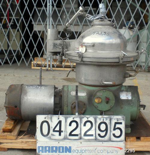 Used Westfalia Disc Centrifuge, Model SAMN-5036, 329 stainless steel. Maximum bowl speed 6500 rpm, centripetal pump liquid discharge. Direct driven by an approximately 20 hp motor.
