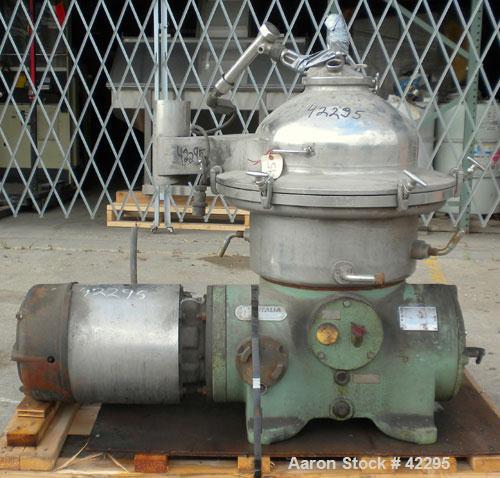 Used Westfalia Disc Centrifuge, Model SAMN-5036, 329 stainless steel. Maximum bowl speed 6500 rpm, centripetal pump liquid discharge. Direct driven by an approximately 20 hp motor.