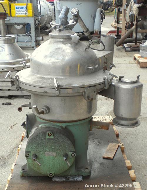Used Westfalia Disc Centrifuge, Model SAMN-5036, 329 stainless steel. Maximum bowl speed 6500 rpm, centripetal pump liquid discharge. Direct driven by an approximately 20 hp motor.
