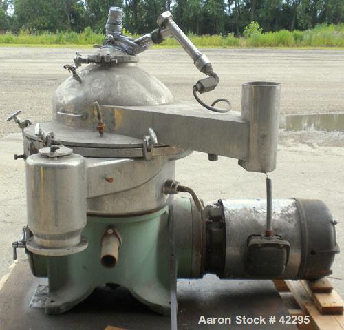 Used Westfalia Disc Centrifuge, Model SAMN-5036, 329 stainless steel. Maximum bowl speed 6500 rpm, centripetal pump liquid discharge. Direct driven by an approximately 20 hp motor.