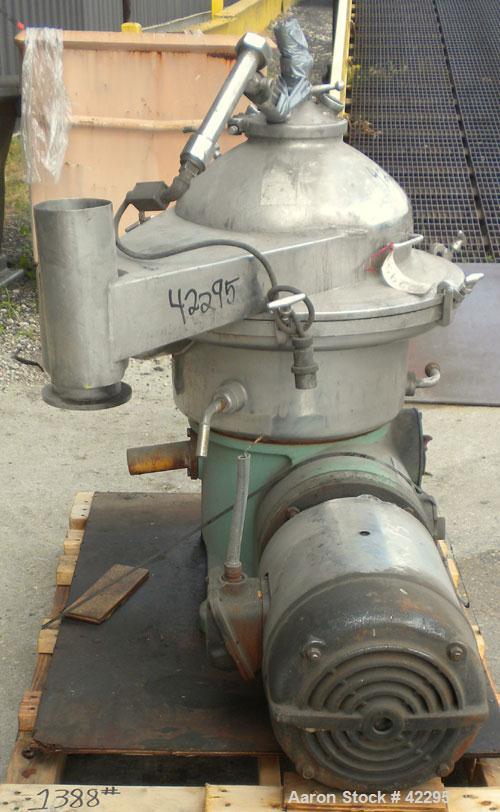 Used Westfalia Disc Centrifuge, Model SAMN-5036, 329 stainless steel. Maximum bowl speed 6500 rpm, centripetal pump liquid discharge. Direct driven by an approximately 20 hp motor.