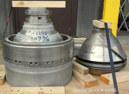 Used Westfalia Disc Centrifuge, Model SAMN-5036, 329 stainless steel. Maximum bowl speed 6500 rpm, centripetal pump liquid discharge. Direct driven by an approximately 20 hp motor.