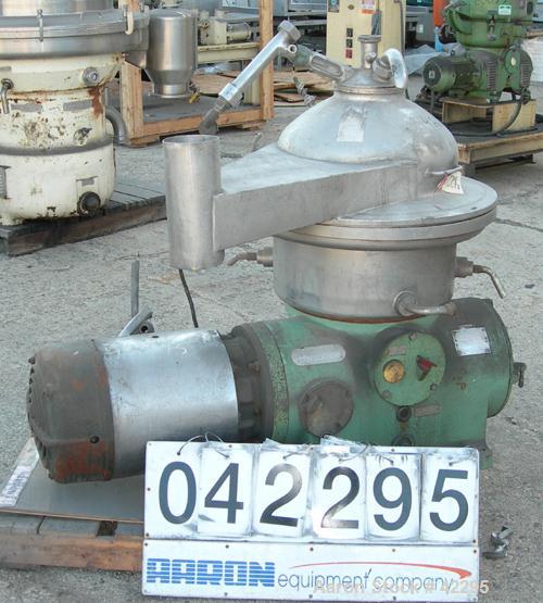 Used Westfalia Disc Centrifuge, Model SAMN-5036, 329 stainless steel. Maximum bowl speed 6500 rpm, centripetal pump liquid discharge. Direct driven by an approximately 20 hp motor.