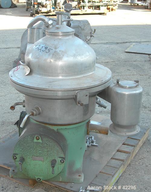 Used Westfalia Disc Centrifuge, Model SAMN-5036, 329 stainless steel. Maximum bowl speed 6500 rpm, centripetal pump liquid discharge. Direct driven by an approximately 20 hp motor.
