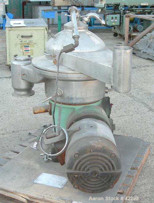 Used Westfalia Disc Centrifuge, Model SAMN-5036, 329 stainless steel. Maximum bowl speed 6500 rpm, centripetal pump liquid discharge. Direct driven by an approximately 20 hp motor.