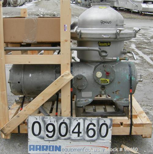 Used Westfalia SAMN-5036 Desludger Disc Centrifuge, 329 Stainless Steel Construction (Product Contact Areas). Max bowl speed 6500 RPM, separator design, light phase gravity liquid discharge, heavy ph...