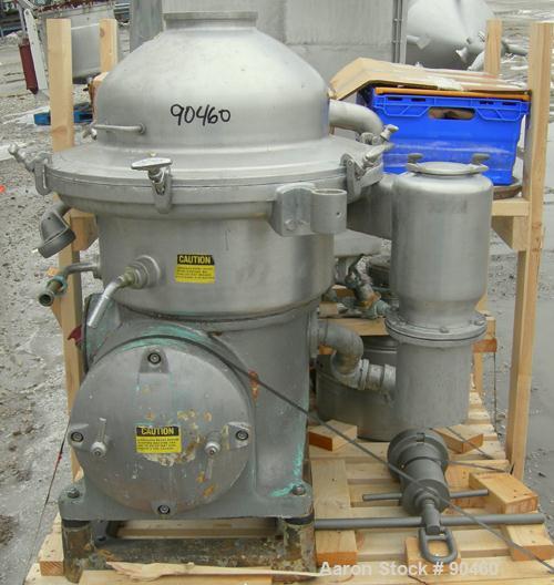 Used Westfalia SAMN-5036 Desludger Disc Centrifuge, 329 Stainless Steel Construction (Product Contact Areas). Max bowl speed 6500 RPM, separator design, light phase gravity liquid discharge, heavy ph...