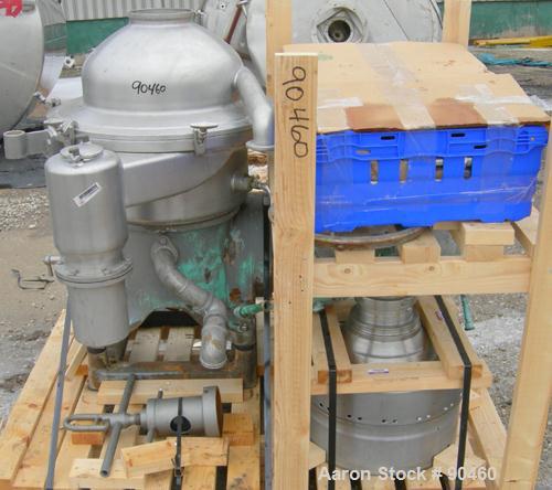 Used Westfalia SAMN-5036 Desludger Disc Centrifuge, 329 Stainless Steel Construction (Product Contact Areas). Max bowl speed 6500 RPM, separator design, light phase gravity liquid discharge, heavy ph...