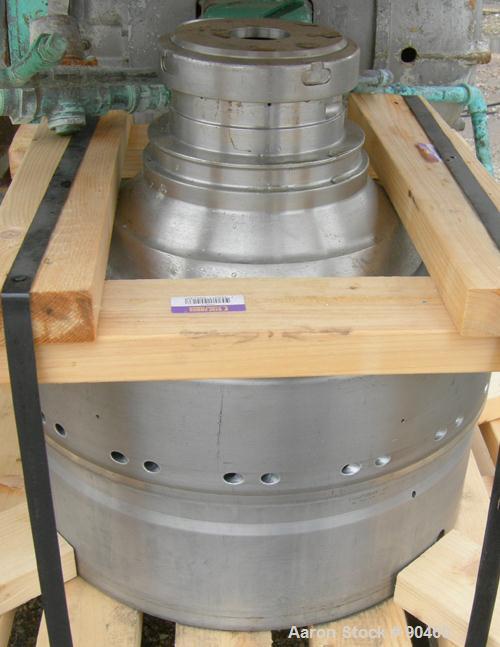 Used Westfalia SAMN-5036 Desludger Disc Centrifuge, 329 Stainless Steel Construction (Product Contact Areas). Max bowl speed 6500 RPM, separator design, light phase gravity liquid discharge, heavy ph...