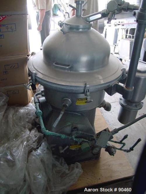 Used Westfalia SAMN-5036 Desludger Disc Centrifuge, 329 Stainless Steel Construction (Product Contact Areas). Max bowl speed 6500 RPM, separator design, light phase gravity liquid discharge, heavy ph...