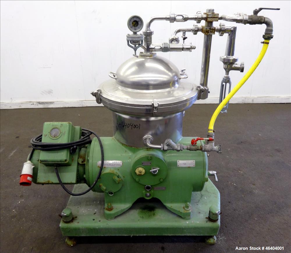 Used Westfalia SAMR-3036 Desludger Disc Centrifuge. 316 Stainless steel (product contact areas), maximum bowl speed 7500 rpm, clarifier design (liquid/solids separation), centripetal pump liquid disc...