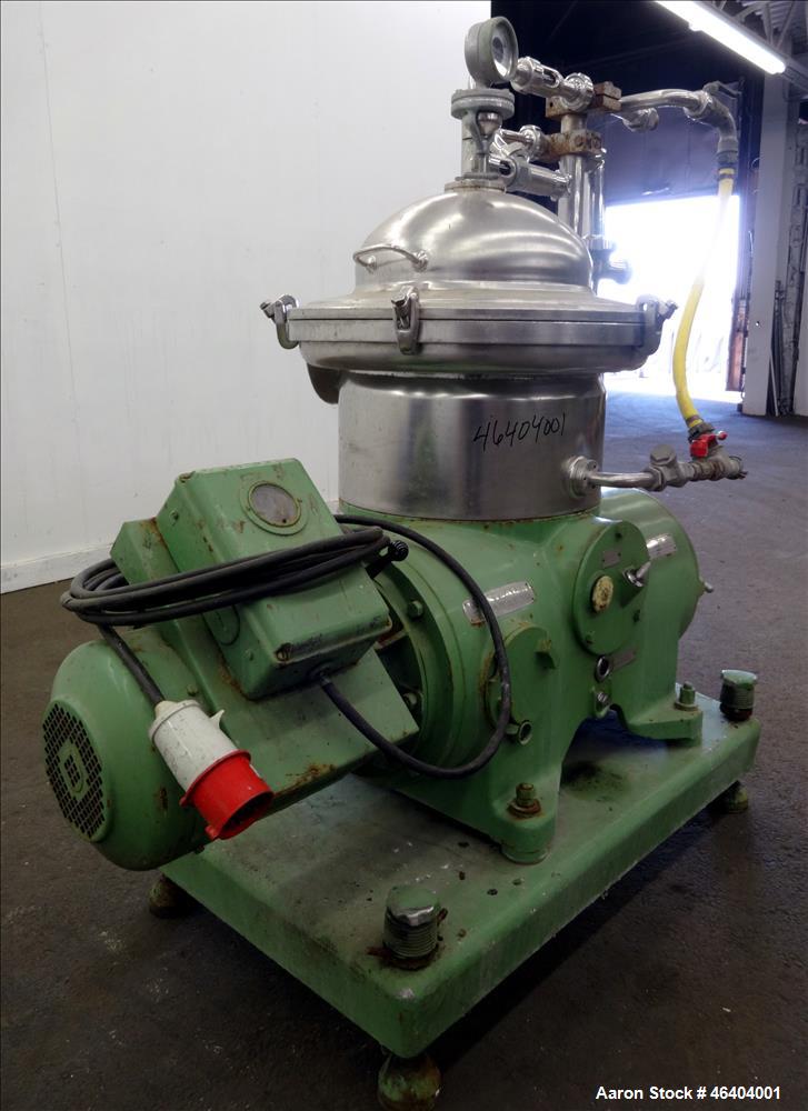 Used Westfalia SAMR-3036 Desludger Disc Centrifuge. 316 Stainless steel (product contact areas), maximum bowl speed 7500 rpm, clarifier design (liquid/solids separation), centripetal pump liquid disc...