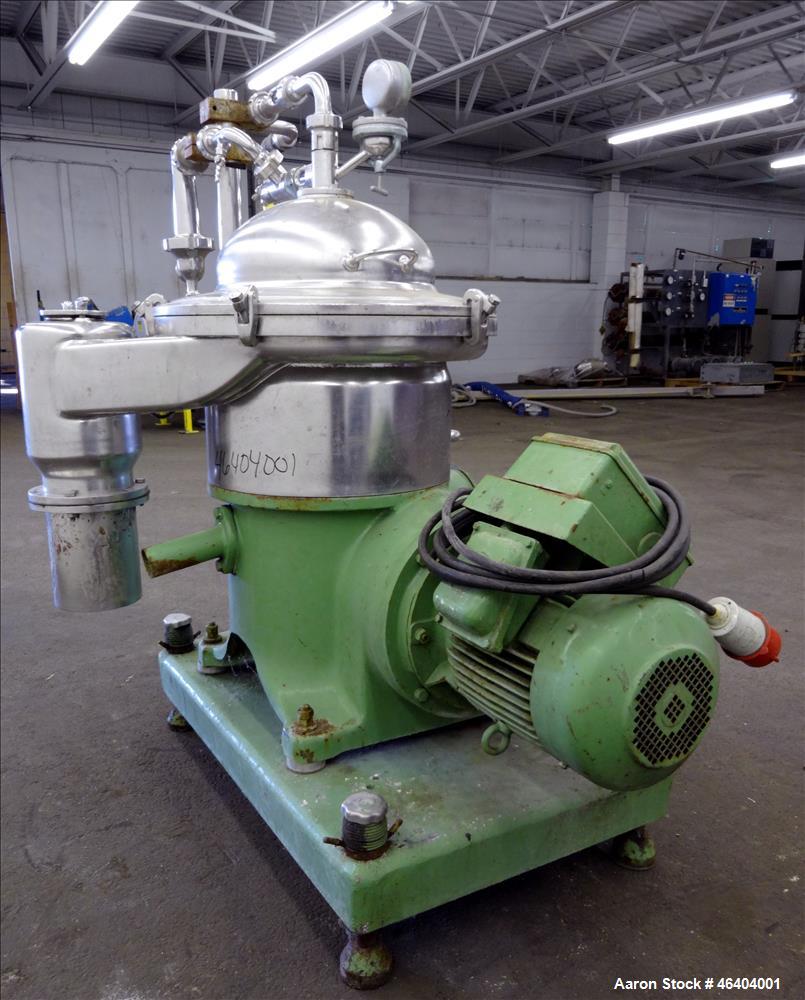 Used Westfalia SAMR-3036 Desludger Disc Centrifuge. 316 Stainless steel (product contact areas), maximum bowl speed 7500 rpm, clarifier design (liquid/solids separation), centripetal pump liquid disc...
