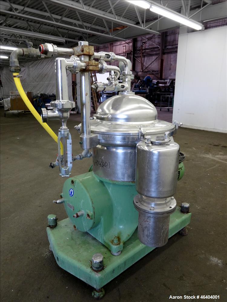 Used Westfalia SAMR-3036 Desludger Disc Centrifuge. 316 Stainless steel (product contact areas), maximum bowl speed 7500 rpm, clarifier design (liquid/solids separation), centripetal pump liquid disc...