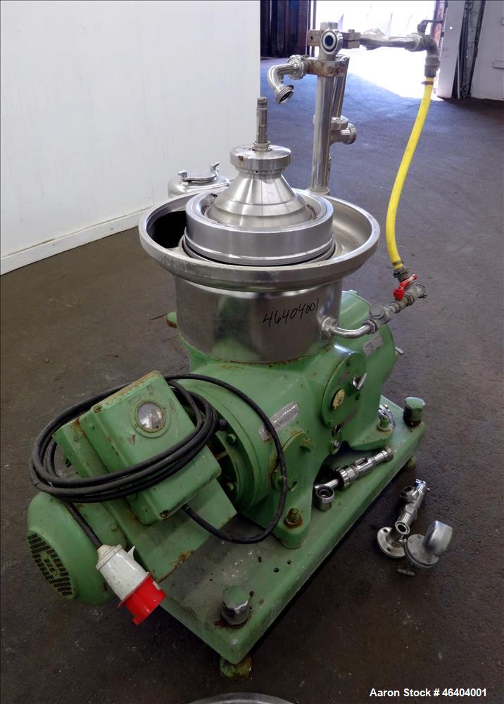 Used Westfalia SAMR-3036 Desludger Disc Centrifuge. 316 Stainless steel (product contact areas), maximum bowl speed 7500 rpm, clarifier design (liquid/solids separation), centripetal pump liquid disc...