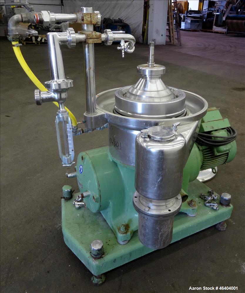 Used Westfalia SAMR-3036 Desludger Disc Centrifuge. 316 Stainless steel (product contact areas), maximum bowl speed 7500 rpm, clarifier design (liquid/solids separation), centripetal pump liquid disc...