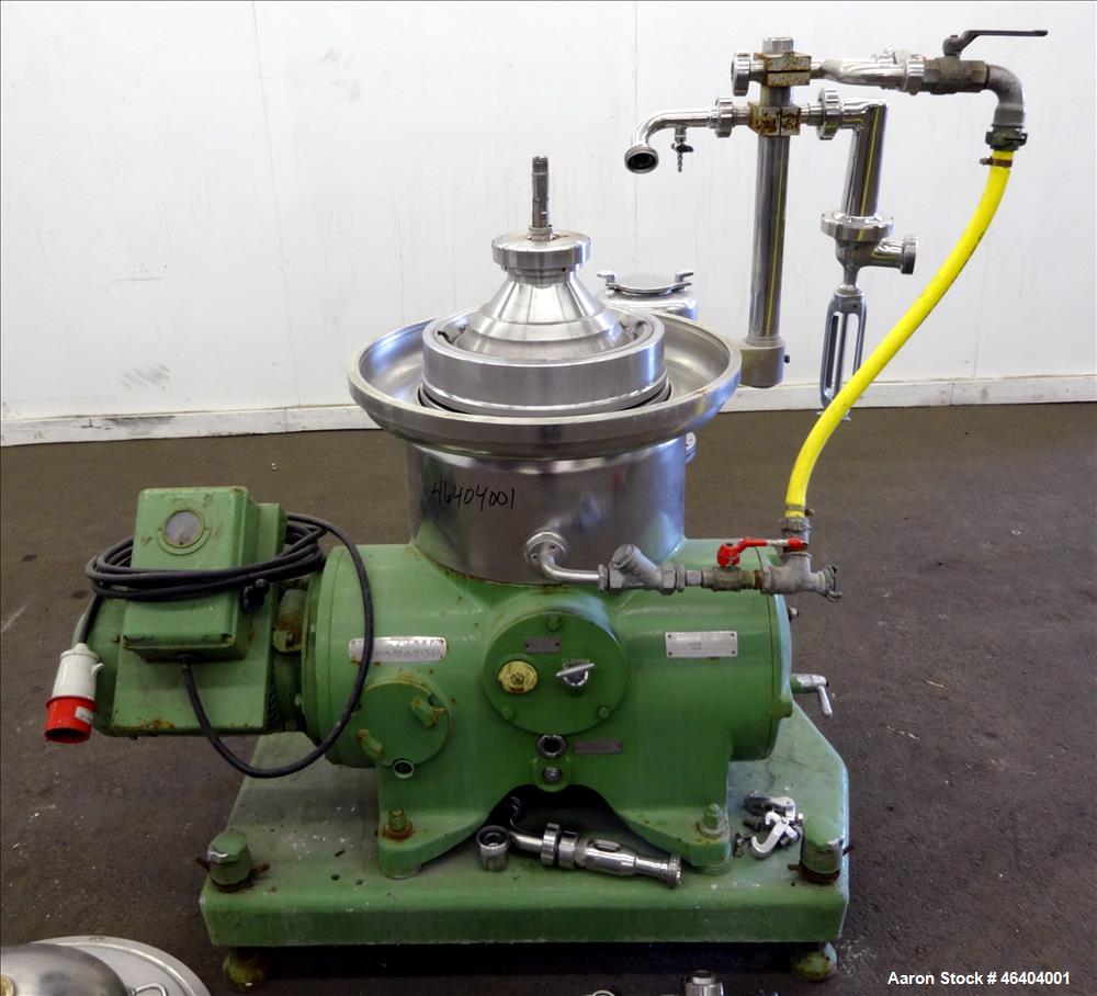 Used Westfalia SAMR-3036 Desludger Disc Centrifuge. 316 Stainless steel (product contact areas), maximum bowl speed 7500 rpm, clarifier design (liquid/solids separation), centripetal pump liquid disc...