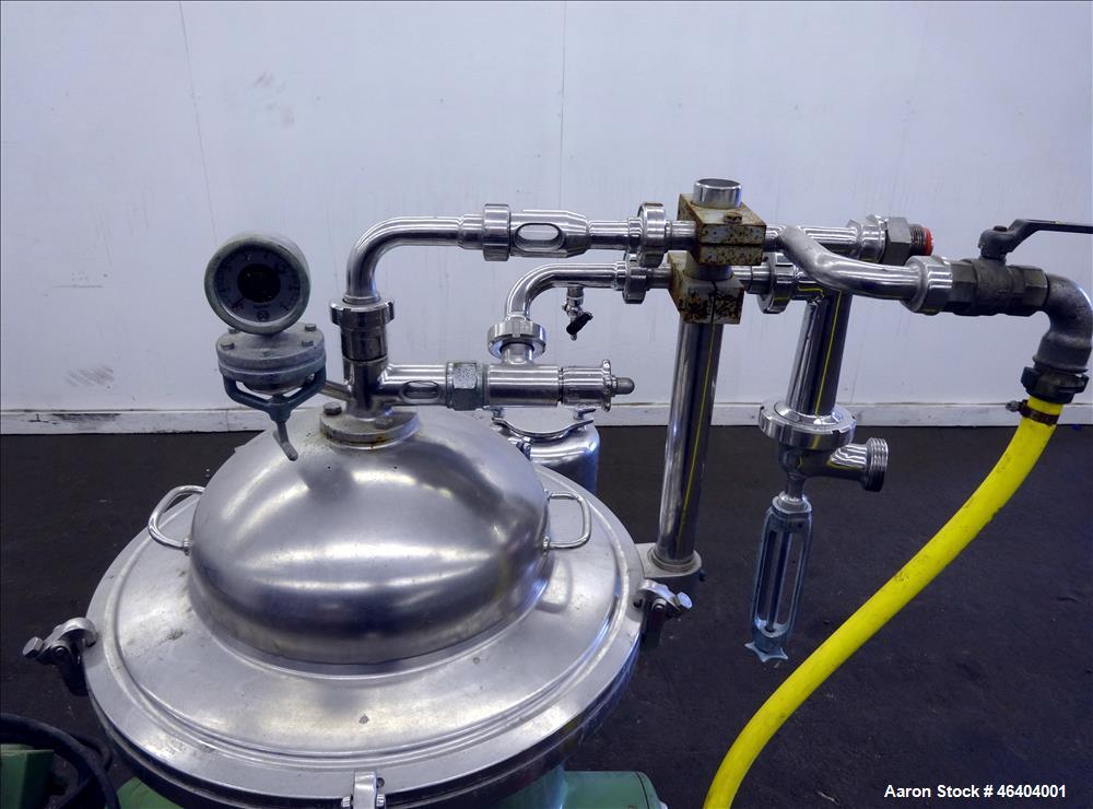 Used Westfalia SAMR-3036 Desludger Disc Centrifuge. 316 Stainless steel (product contact areas), maximum bowl speed 7500 rpm, clarifier design (liquid/solids separation), centripetal pump liquid disc...