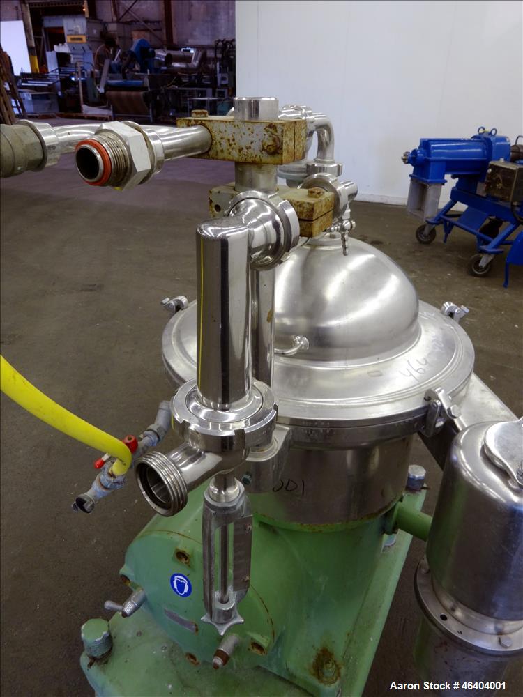 Used Westfalia SAMR-3036 Desludger Disc Centrifuge. 316 Stainless steel (product contact areas), maximum bowl speed 7500 rpm, clarifier design (liquid/solids separation), centripetal pump liquid disc...