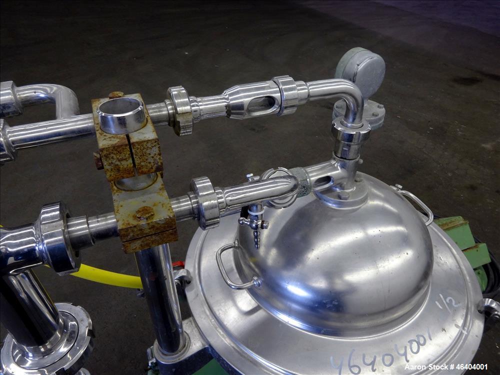 Used Westfalia SAMR-3036 Desludger Disc Centrifuge. 316 Stainless steel (product contact areas), maximum bowl speed 7500 rpm, clarifier design (liquid/solids separation), centripetal pump liquid disc...