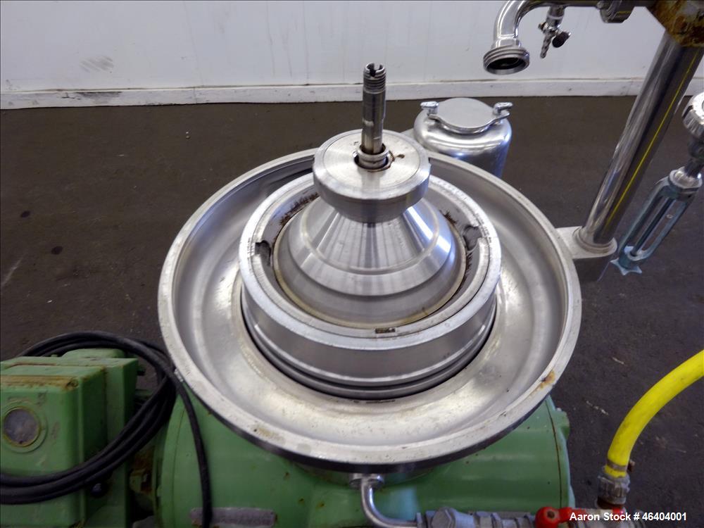 Used Westfalia SAMR-3036 Desludger Disc Centrifuge. 316 Stainless steel (product contact areas), maximum bowl speed 7500 rpm, clarifier design (liquid/solids separation), centripetal pump liquid disc...