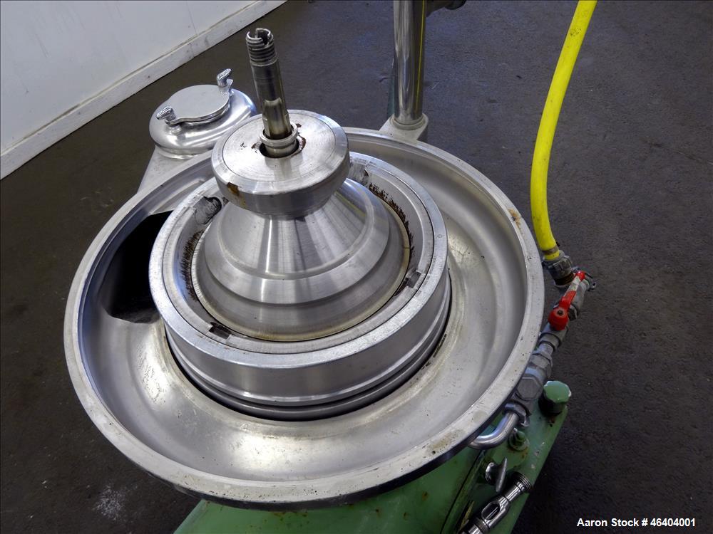 Used Westfalia SAMR-3036 Desludger Disc Centrifuge. 316 Stainless steel (product contact areas), maximum bowl speed 7500 rpm, clarifier design (liquid/solids separation), centripetal pump liquid disc...