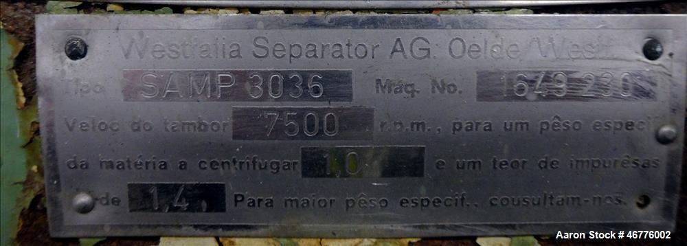 Used- Westfalia SAMP-3036 Desludger Disc Centrifuge