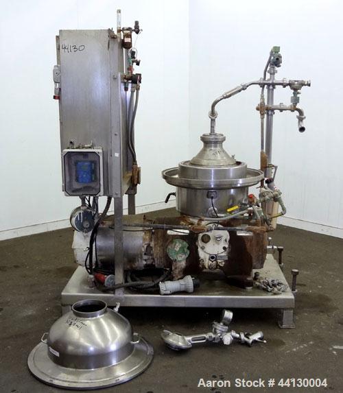 Used Westafalia SAMR 5036 Desludger Disc Centrifuge. 329 Stainless steel construction (product contact areas), maximum bowl speed 6500 rpm. Clarifier design (liquid/solids separation), centripetal pu...