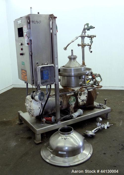 Used Westafalia SAMR 5036 Desludger Disc Centrifuge. 329 Stainless steel construction (product contact areas), maximum bowl speed 6500 rpm. Clarifier design (liquid/solids separation), centripetal pu...