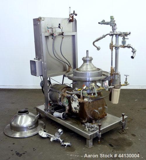 Used Westafalia SAMR 5036 Desludger Disc Centrifuge. 329 Stainless steel construction (product contact areas), maximum bowl speed 6500 rpm. Clarifier design (liquid/solids separation), centripetal pu...