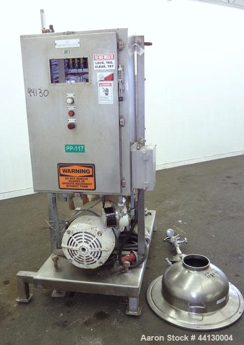 Used Westafalia SAMR 5036 Desludger Disc Centrifuge. 329 Stainless steel construction (product contact areas), maximum bowl speed 6500 rpm. Clarifier design (liquid/solids separation), centripetal pu...