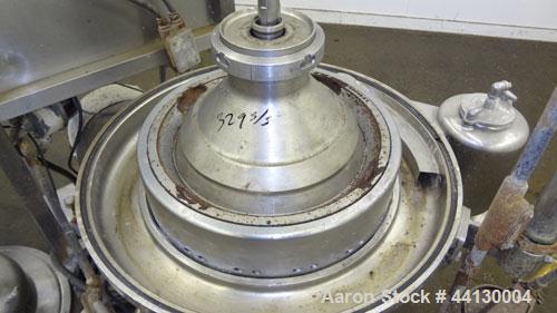 Used Westafalia SAMR 5036 Desludger Disc Centrifuge. 329 Stainless steel construction (product contact areas), maximum bowl speed 6500 rpm. Clarifier design (liquid/solids separation), centripetal pu...