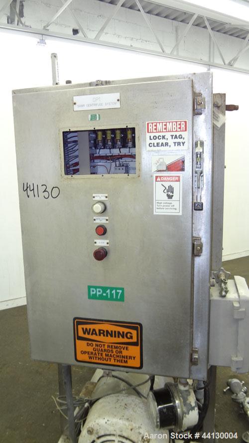 Used Westafalia SAMR 5036 Desludger Disc Centrifuge. 329 Stainless steel construction (product contact areas), maximum bowl speed 6500 rpm. Clarifier design (liquid/solids separation), centripetal pu...