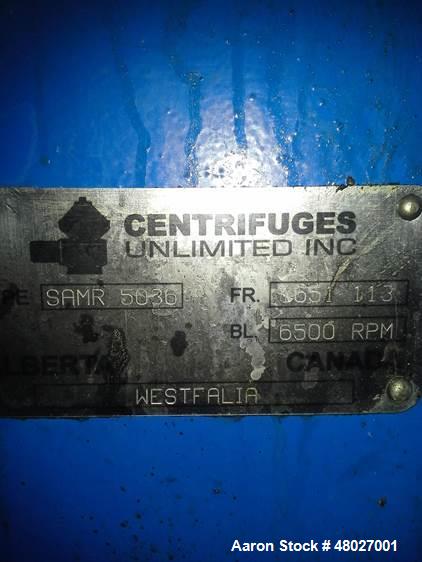 Used Westfalia Separator, Model SAMR-5036. Self cleaning classifier, self cleaning bowl. Gas tight design of neck bearing bridge. New PLC control panel, CUI manufactured skid frame. Works well with h...