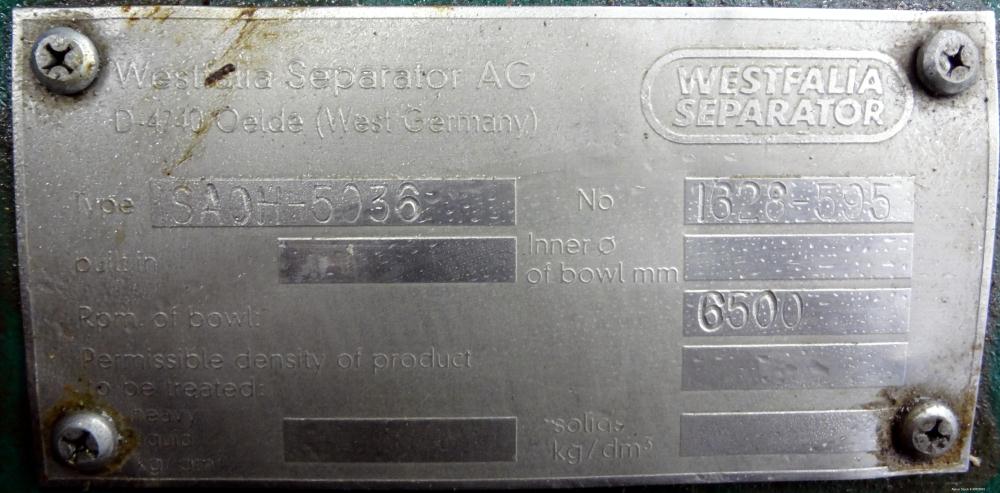 Used Stainless Steel Westfalia Desludger Disc Centrifuge, SAOH-5036   