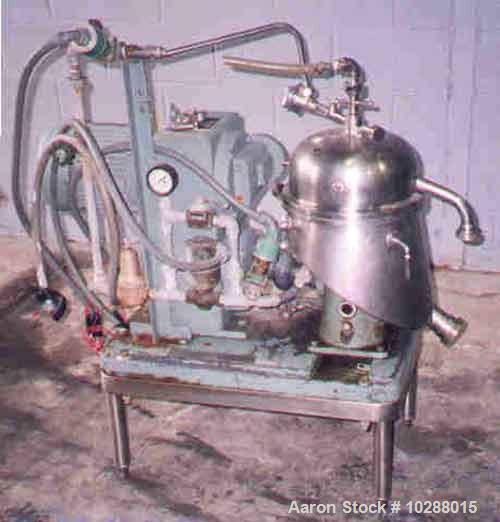 Used USED: Westfalia SAOOH-205 Pilot Scale Desludger Disc Centrifuge, 316 stainless steel construction on product contact areas. Max bowl speed 10,000 rpm, separator design, centripetal pump liquid d...