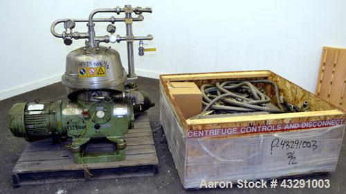 Used Westfalia SB-7-01-576 Desludger Disc Centrifuge, 316 Stainless steel (product contact areas), maximum bowl speed 9160 rpm, separator design (liquid/liquid/solids separation), light & heavy phase...