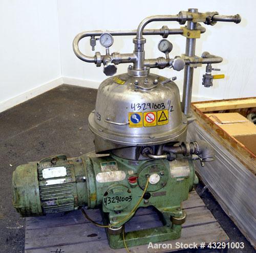 Used Westfalia SB-7-01-576 Desludger Disc Centrifuge, 316 Stainless steel (product contact areas), maximum bowl speed 9160 rpm, separator design (liquid/liquid/solids separation), light & heavy phase...