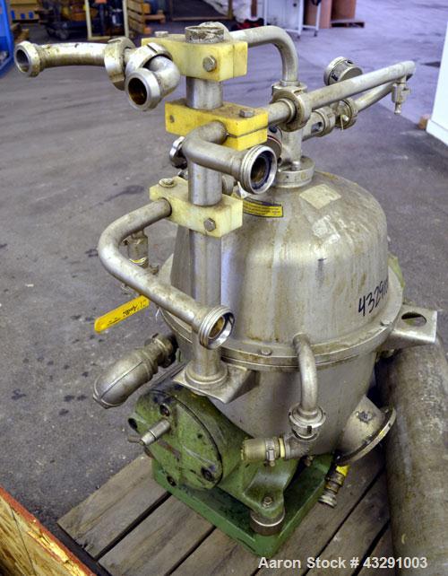 Used Westfalia SB-7-01-576 Desludger Disc Centrifuge, 316 Stainless steel (product contact areas), maximum bowl speed 9160 rpm, separator design (liquid/liquid/solids separation), light & heavy phase...