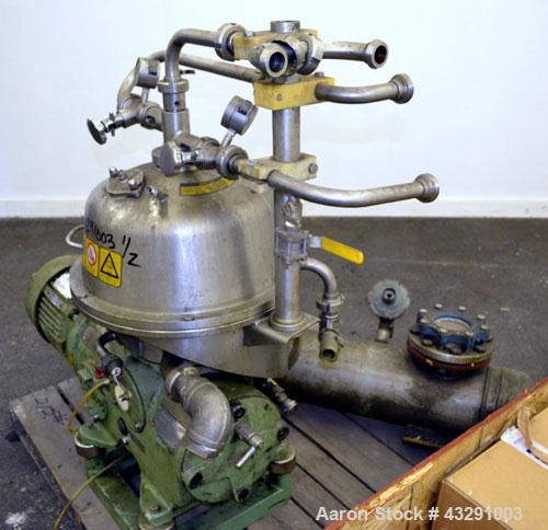 Used Westfalia SB-7-01-576 Desludger Disc Centrifuge, 316 Stainless steel (product contact areas), maximum bowl speed 9160 rpm, separator design (liquid/liquid/solids separation), light & heavy phase...