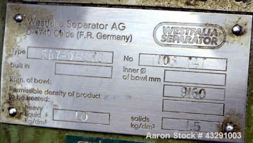 Used Westfalia SB-7-01-576 Desludger Disc Centrifuge, 316 Stainless steel (product contact areas), maximum bowl speed 9160 rpm, separator design (liquid/liquid/solids separation), light & heavy phase...