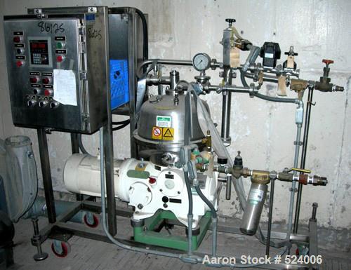 USED: Westfalia SB-7-03-076 desludger disc centrifuge. 316 stainless steel construction on product contact areas. Max bowl speed 9160 rpm, separator design, light phase gravity discharge, heavy phase...