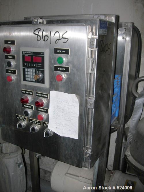 USED: Westfalia SB-7-03-076 desludger disc centrifuge. 316 stainless steel construction on product contact areas. Max bowl speed 9160 rpm, separator design, light phase gravity discharge, heavy phase...