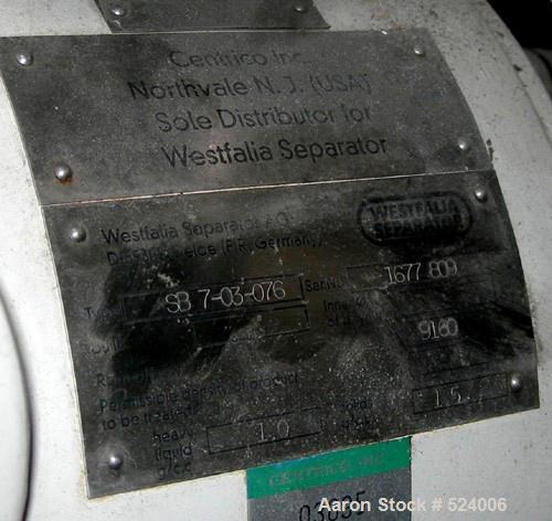 USED: Westfalia SB-7-03-076 desludger disc centrifuge. 316 stainless steel construction on product contact areas. Max bowl speed 9160 rpm, separator design, light phase gravity discharge, heavy phase...