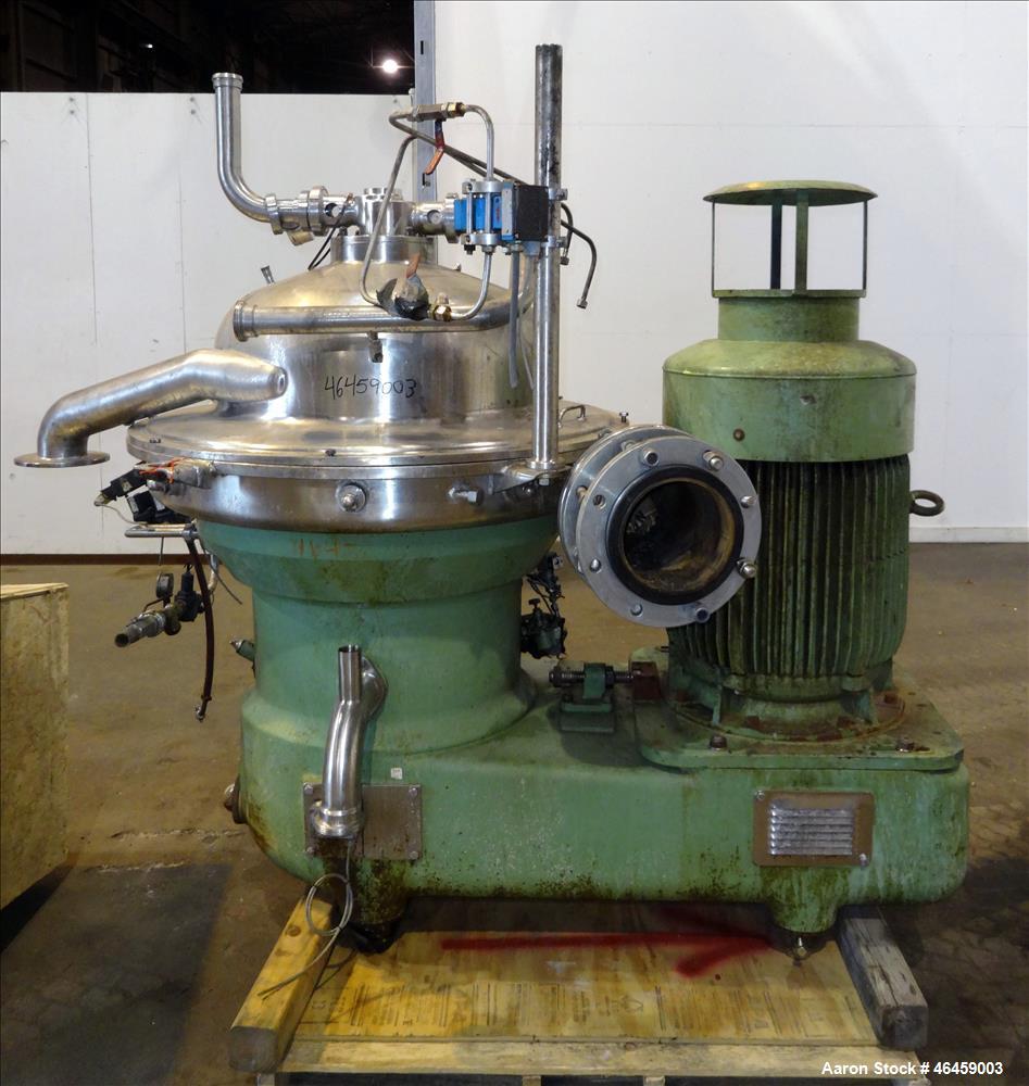 Used Westfalia SB-80-33-177 Desludger Disc Centrifuge. 316 Stainless steel construction (product contact areas), maximum bowl speed 4420 rpm, separator design (Liquid/liquid/solids separation), self-...