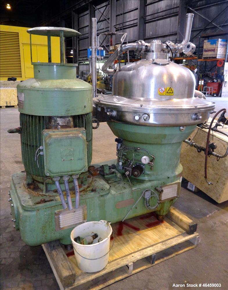 Used Westfalia SB-80-33-177 Desludger Disc Centrifuge. 316 Stainless steel construction (product contact areas), maximum bowl speed 4420 rpm, separator design (Liquid/liquid/solids separation), self-...
