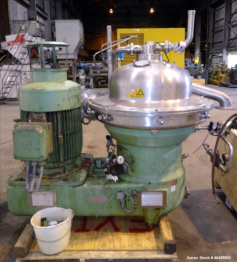 Used Westfalia SB-80-33-177 Desludger Disc Centrifuge. 316 Stainless steel construction (product contact areas), maximum bowl speed 4420 rpm, separator design (Liquid/liquid/solids separation), self-...