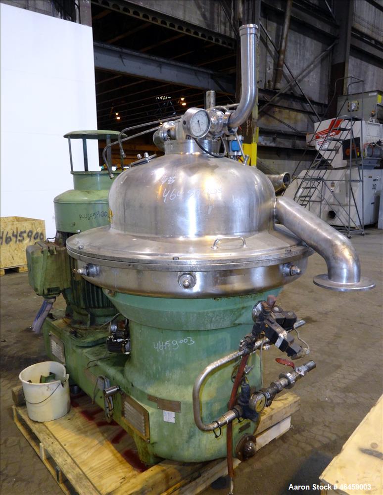 Used Westfalia SB-80-33-177 Desludger Disc Centrifuge. 316 Stainless steel construction (product contact areas), maximum bowl speed 4420 rpm, separator design (Liquid/liquid/solids separation), self-...