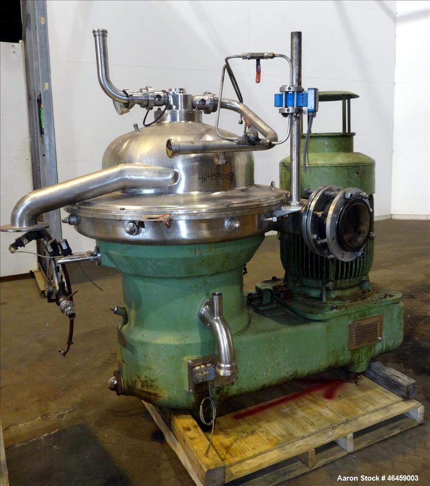 Used Westfalia SB-80-33-177 Desludger Disc Centrifuge. 316 Stainless steel construction (product contact areas), maximum bowl speed 4420 rpm, separator design (Liquid/liquid/solids separation), self-...